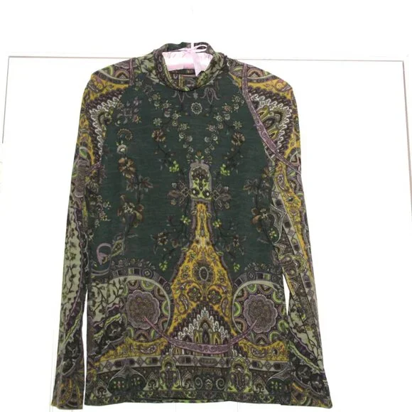 ETRO Italy Knit Wool Blend Pleated Back Top Paisley Turtleneck India Print 46 EU